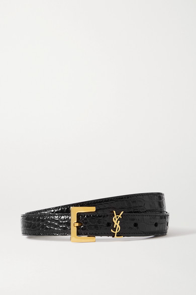 SAINT LAURENT - Embellished Croc-effect Leather Belt - Black