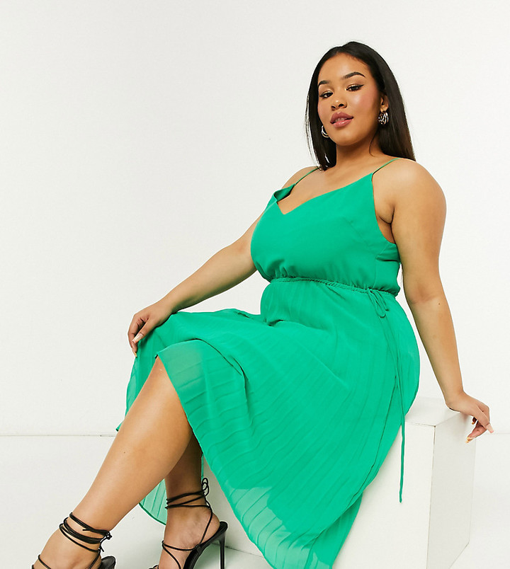 pleated cami midi dress with drawstring waist