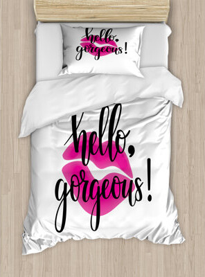 Ambesonne Hello Gorgeous Duvet Cover Set, Pink Lipstick, Twin, Black White and Pink