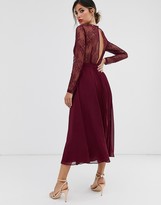 Thumbnail for your product : ASOS DESIGN long sleeve lace panelled pleat midi dress