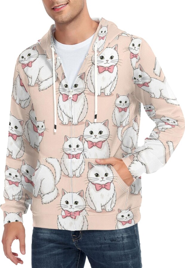 CUPADA Mens Full Zip Hoddie Cute White Cats Pattern Long Sleeve Casual Sweatshirt with Pocket Jacket Fall Winter Coat