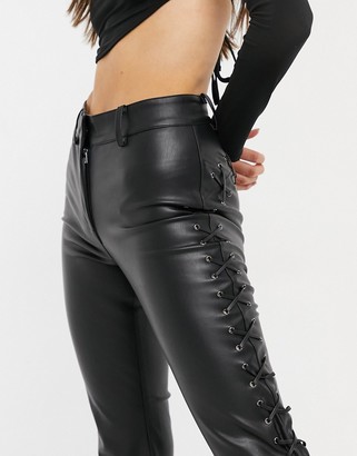 Topshop faux leather lace up flare pants in black