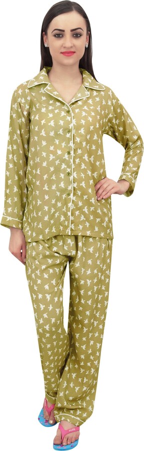 Bimba Olive Green Bird Print Women Shirt with Pajama Pants 2 Pcs Nightwear  - 30 - ShopStyle Pyjamas