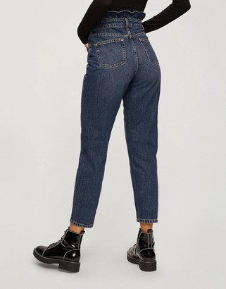 Miss Selfridge mom jeans with ruffle detail in blue - ShopStyle