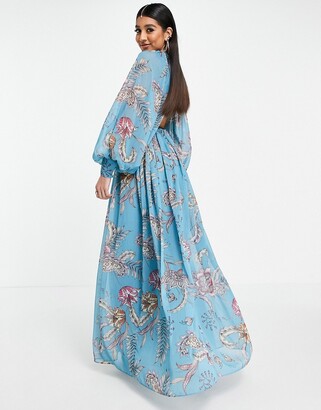 ASOS DESIGN maxi dress with blouson sleeve in blue paisley print
