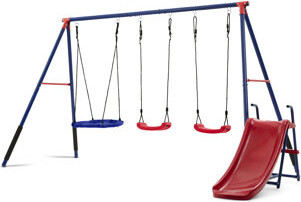 Delta Children Funzone Outdoor Metal 4-Piece Swing Set - Includes 2 Swings, 1 Disc/Saucer Swing And Slide, Blue/Red
