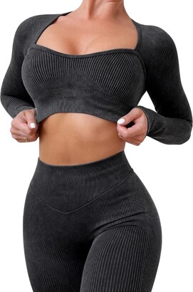 IDOPIP Workout Sets for Women 2 Piece Seamless Sweetheart Neck Long Sleeve  Crop Top Ribbed High Waist Leggings Yoga Outfits Activewear Sport Gym Wear  Clothes Black Medium - ShopStyle