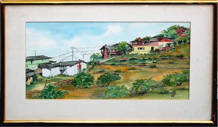 Zella Mae (Wunderlich) Dickenson, Mid Century Coastal Town Landscape Watercolor, 1964