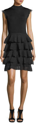Alice + Olivia Janice Tiered Ruffled Fit-and-Flare Knit Dress