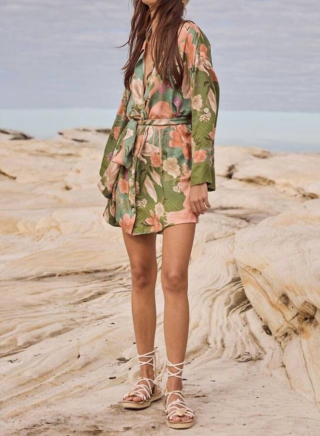 SPELL Floridian Mini Shirt Dress In Sage