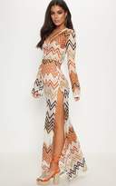 Thumbnail for your product : PrettyLittleThing Burnt Orange Chevron Print Lace Maxi Dress