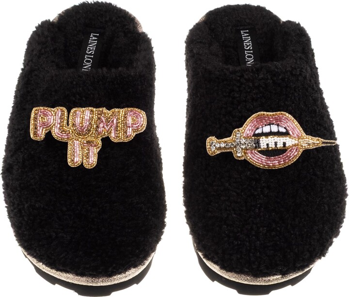 Laines London Teddy Closed Toe Slippers With Plump It Pout Brooches - Black