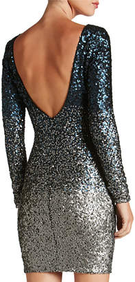 Dress the Population Lola Long-Sleeve Scoop-Back Ombre Sequined Mini Cocktail Dress