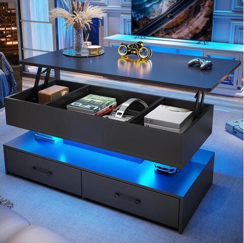 VINIUSIKI SEDETA 40' Lift Top Coffee Table, Coffee Tables with Storage for Living Room, Small Coffee Table with 2 Drawers & LED Light for Dining Reception...
