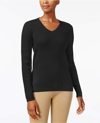 Karen Scott Petite Cotton Ribbed V-Neck Sweater, Created for Macy's