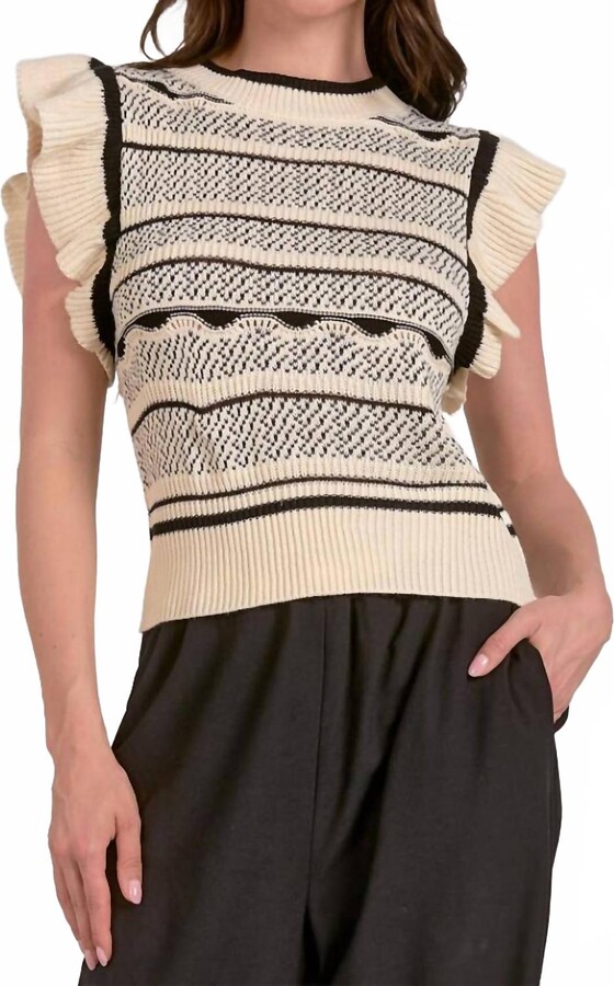 Elan International Flutter Sleeve Knit Tank In Off White / Black