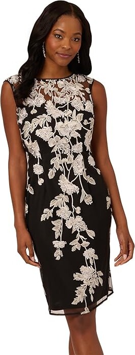 Adrianna Papell Border Embroidery Sheath Dress Women's Dress Black/Ivory : 12, Polyester