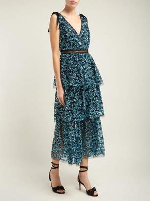 Self-Portrait Sequinned Tiered Tulle Midi Dress - Womens - Blue