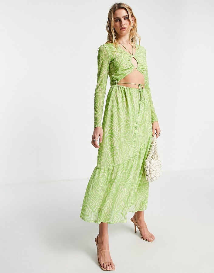 And other stories & polyester mesh cut out maxi dress in green zebra print  - MULTI - ShopStyle