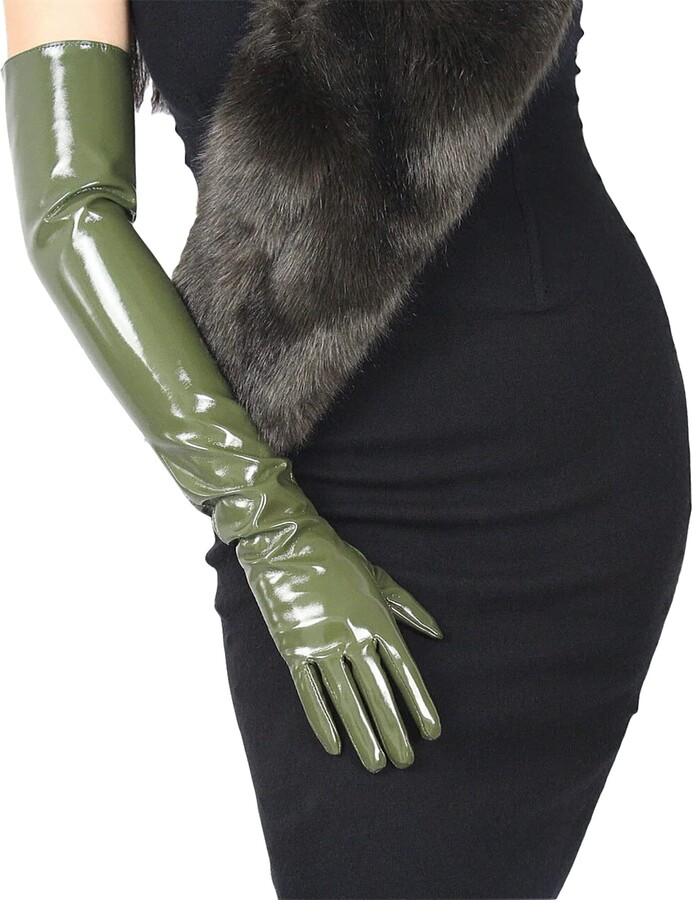 DooWay Women Long Leather Gloves Wet Look Faux Patent PU for Evening