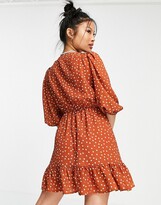 Thumbnail for your product : ASOS Petite ASOS DESIGN Petite wrap front mini tea dress with puffed sleeves in rust spot