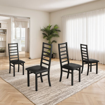 Metal Dining Chairs Of 4, Pu Leather Upholstered Addition, Steel Legs, High Back Armless, Black For Kitchen, Living Room, Strong 4 Chairs, Seat Orname