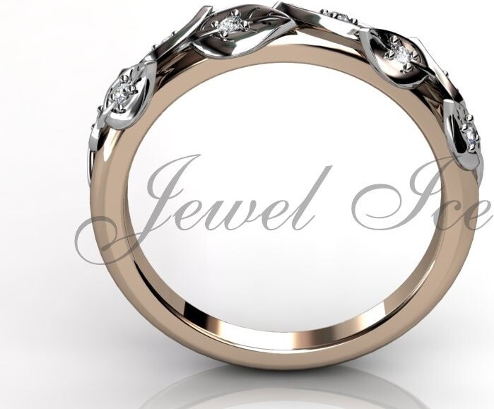Etsy Floral Wedding Band - 14K Rose & White Gold Diamond Unusual Unique Leaf Vine lb-2027-6