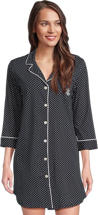 Lauren Ralph Lauren Essentials Bingham Knits Sleep Shirt Women's Pajama Navy Polka Dot : SM, Cotton