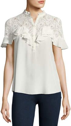 Rebecca Taylor Short-Sleeve Silk Top with Lace