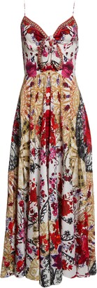Camilla Rose Print Tie Front Silk Midi Dress