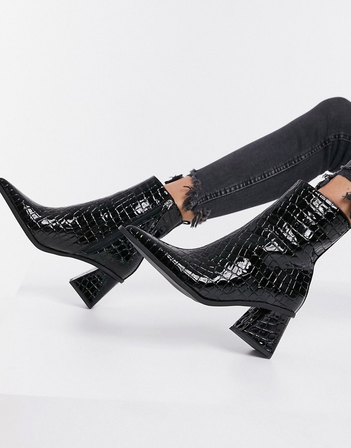 Topshop pointed heeled boots in black croc - ShopStyle