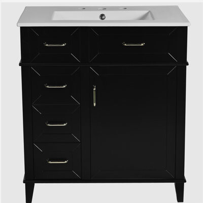 Ebern Designs 30-Inch Bathroom Sink With Ceramic Trough Adjustable Shelf Soft Close Door And Three Soft Close Drawers