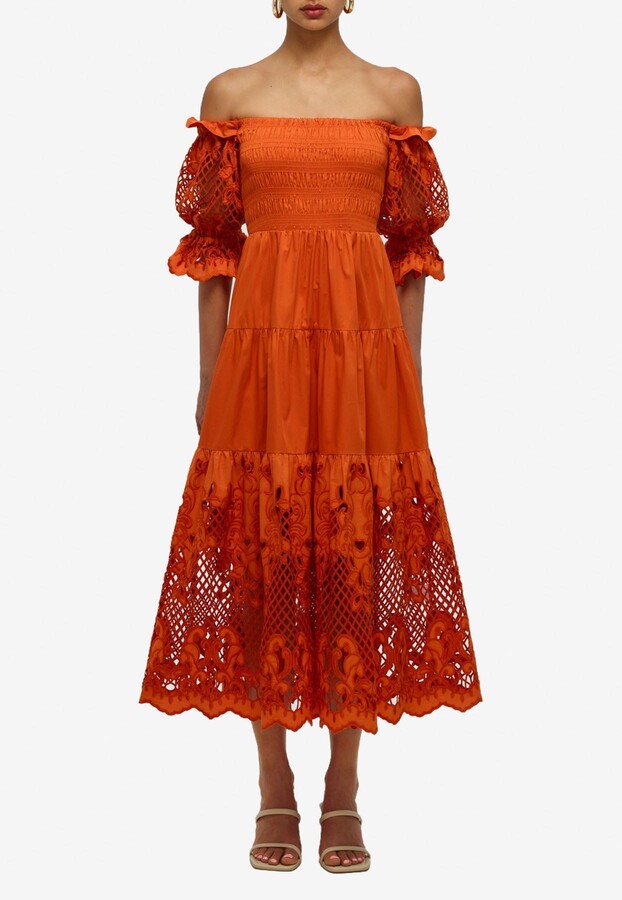 orange lace midi dress