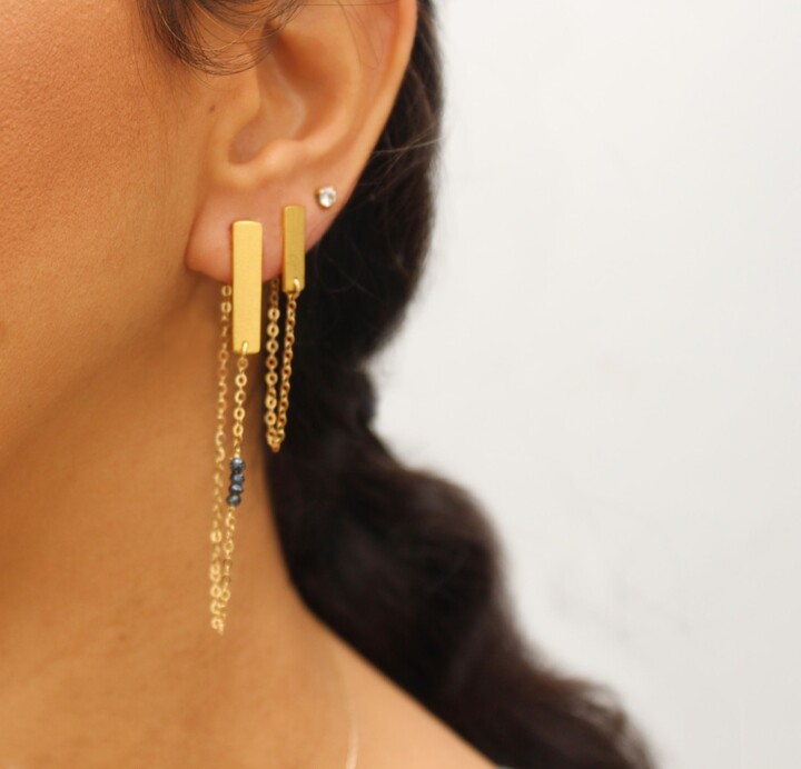 Etsy Long Stud Earrings Gold Bar Black Spinel Chain Gold Black