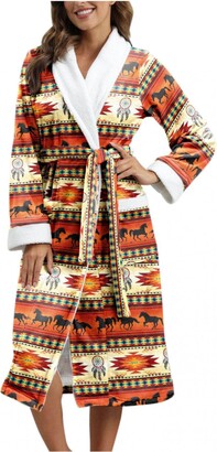 Women Buffalo Plaid Bathrobe Casual Lapel Long Plush Shawl Pajamas with Pocket Belt Thick Warm Long Plush Fleece Robe 