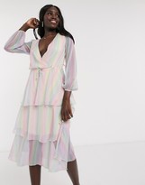 Thumbnail for your product : Outrageous Fortune plunge front tiered midi dress in pastel rainbow stripe