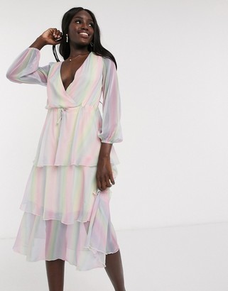 Outrageous Fortune plunge front tiered midi dress in pastel rainbow stripe