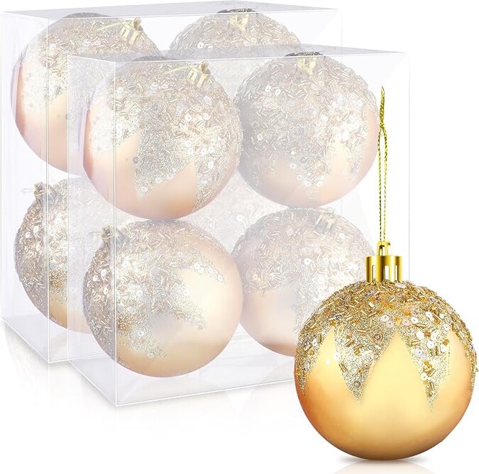 Liliful 8 Pcs 4 Inch Christmas Ball Ornaments Sequin Glitter Xmas Christmas Tree Decorations Hanging Plastic Christmas Balls Ornaments for Xmas Trees Party Holiday Wedding Home Decor (Gold)