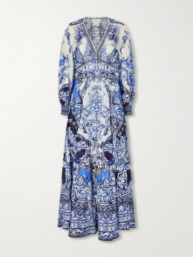 Camilla Crystal-embellished Printed Linen And Silk-blend Maxi Dress - Blue