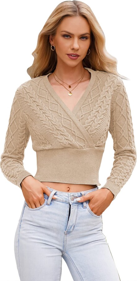 WEESO One Side Button Womens Deep V Neck Waffle Knit Pullover Sweaters Long Sleeve Wrap Tops 