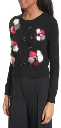 Milly Women's Beaded Wool Sweater With Genuine Rabbit Fur Trim