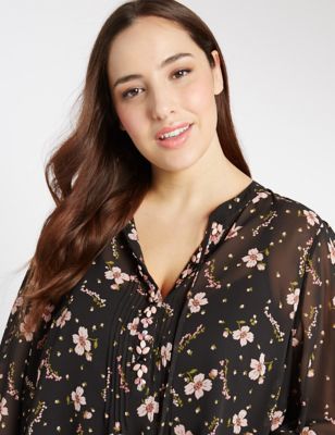Marks and Spencer PLUS Floral Print V-Neck 3/4 Sleeve Tunic