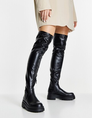 Veroveren inkomen Postcode Pimkie thigh high flat chunky boots in black - ShopStyle