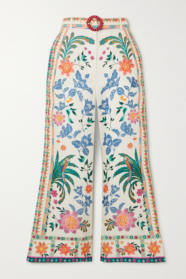 Zimmermann Ginger Belted Cropped Floral-print Linen Flared Pants - Cream -  ShopStyle