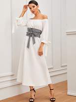 Thumbnail for your product : Shein Off Shoulder Knotted Cuff Dress With Obi Belt
