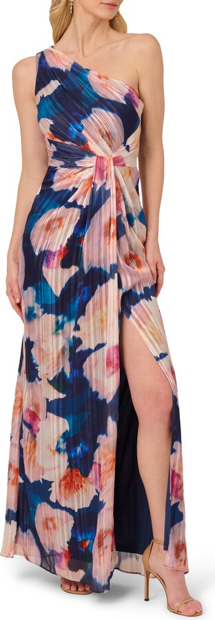 Pleated Floral One-Shoulder Chiffon Gown