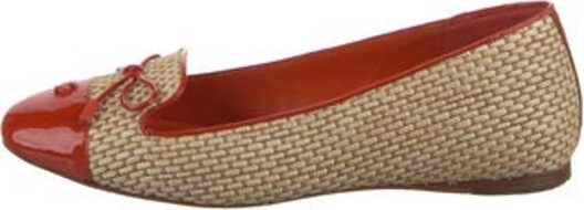 Tory Burch Straw Loafers Neutrals & Orange Colorblock Pattern Semi-Pointed Toes with Bow Accents Includes Dust Bag Designer