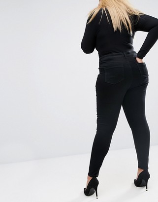 ASOS Curve CURVE High Waist Ridley Skinny Jean in Clean Black with Rose Gold Trims & Rips