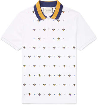 Gucci Slim-fit Ufo-embroidered Stretch-cotton Pique Polo Shirt - White
