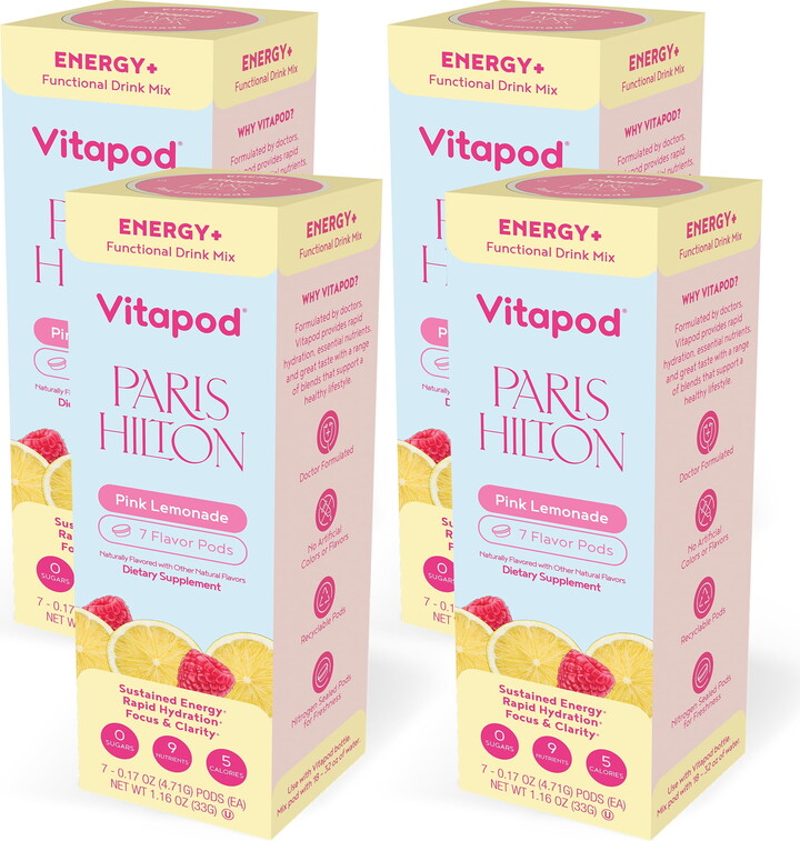 Paris Hilton x Vitapod Energy+ Pink Lemonade Functional Drink Mix, 28 Pods, Sugar-Free, 200mg Natural Caffeine, Boosts Energy, Metabolism, and Mood